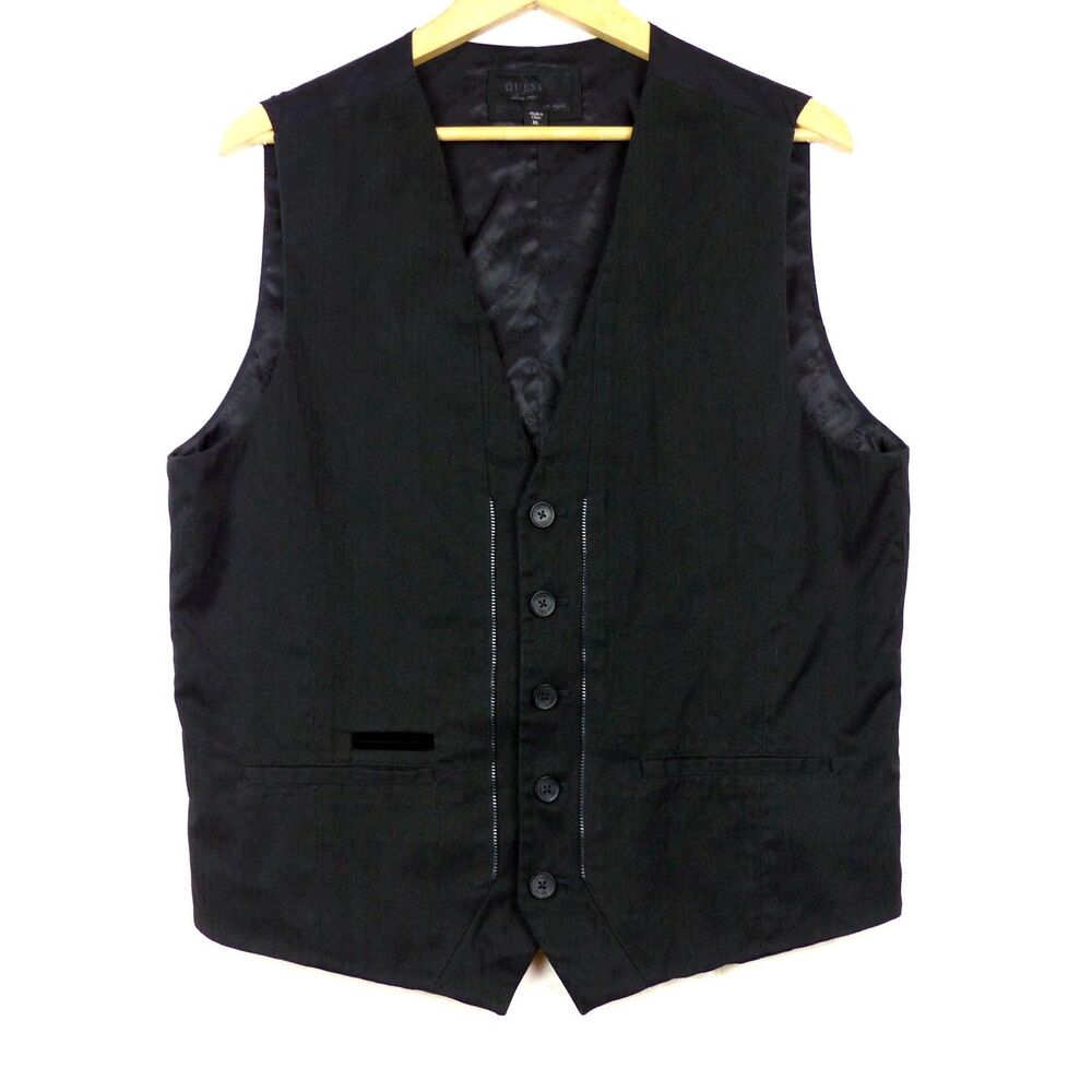 Guess Y2K Men Waistcoat Vest XL Black Herringbone Zipper Detail Rock Punk Preppy